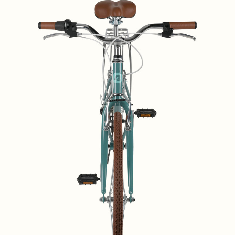 Front view of a Vintage-style Kinney Mixte City Bike - 7 Speed with brown saddle and hand grips on a white background.
