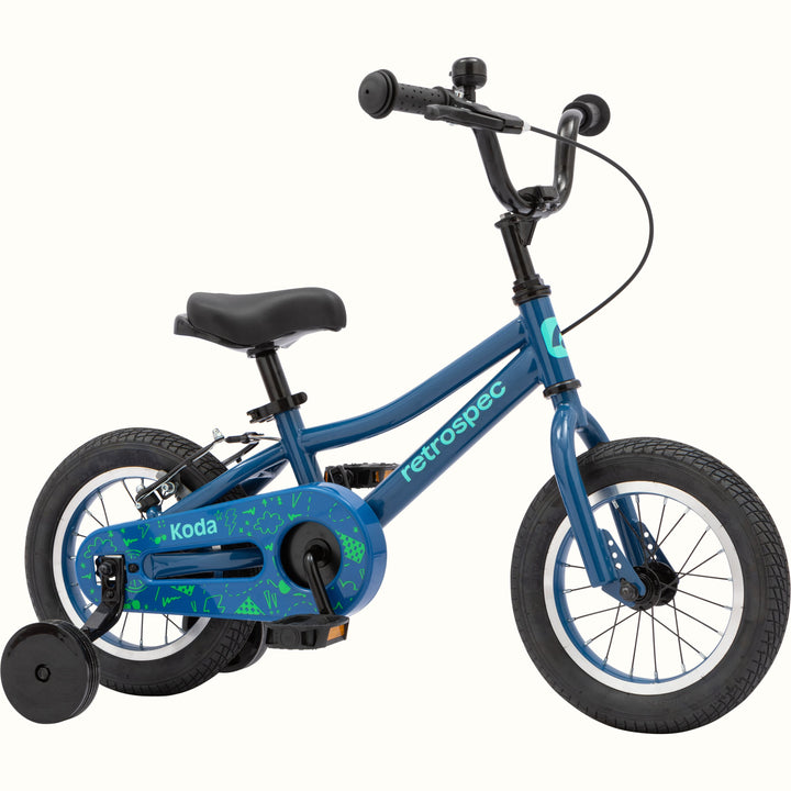 Children's Koda 12" blue bicycle with training wheels and a patterned chain guard.