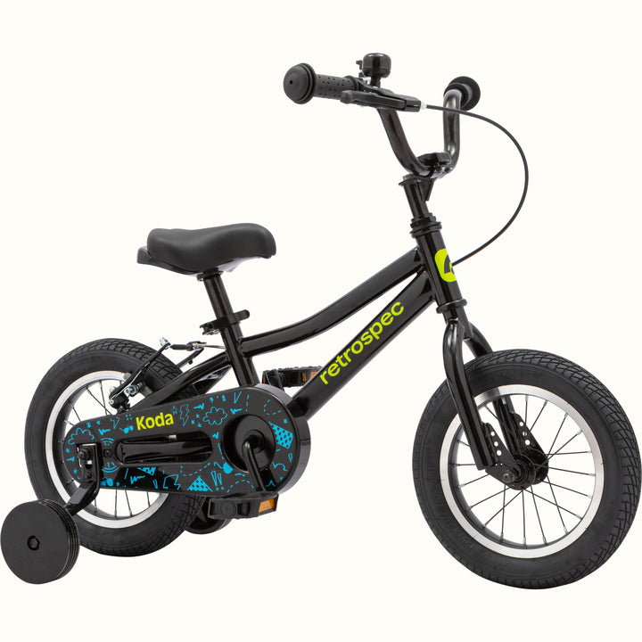 Black children's bike with training wheels and a blue pattern on the chain guard.