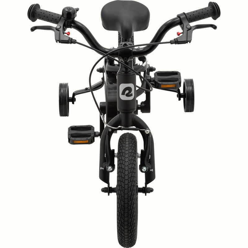 A front view Koda Plus 12 Inch Kids' Bike in Matte Black with training wheels.