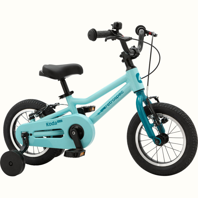 Koda Plus 12 Inch Kids' Bike in Robin's Egg with training wheels, a lightning bolt on the frame, and a blue chainguard.