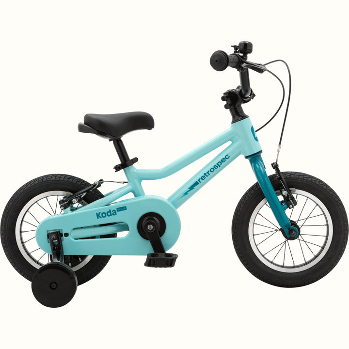 Koda Plus 12 Inch Kids' Bike in Robin's Egg with training wheels, a lightning bolt on the frame, and a blue chainguard.