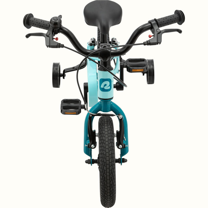 Front view of the Koda Plus Robin's Egg children's bike with handlebars, seat, and training wheels.