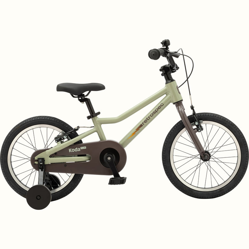 Kids' Koda Plus 16 Inch green and brown bike with training wheels isolated on a white background.