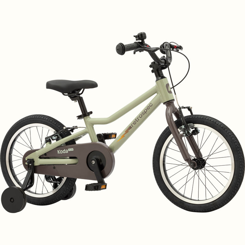 Kids' Koda Plus 16 Inch green and brown bike with training wheels isolated on a white background.