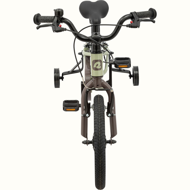 Front view of a Green and Brown Kids' Koda Plus 16 Inch Bike with training wheels,  handlebars, and suspension fork.