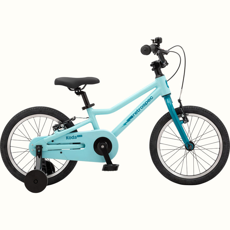 Kids' Koda Plus 16 Inch robin's egg blue bike with training wheels isolated on a white background.