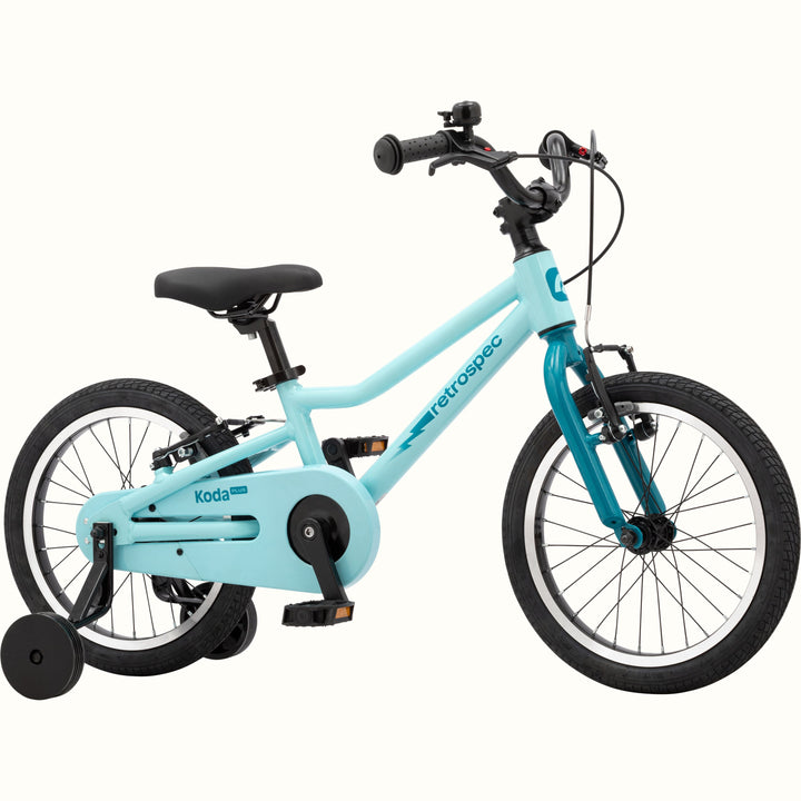 Kids' Koda Plus 16 Inch robin's egg  blue bike with training wheels isolated on a white background.