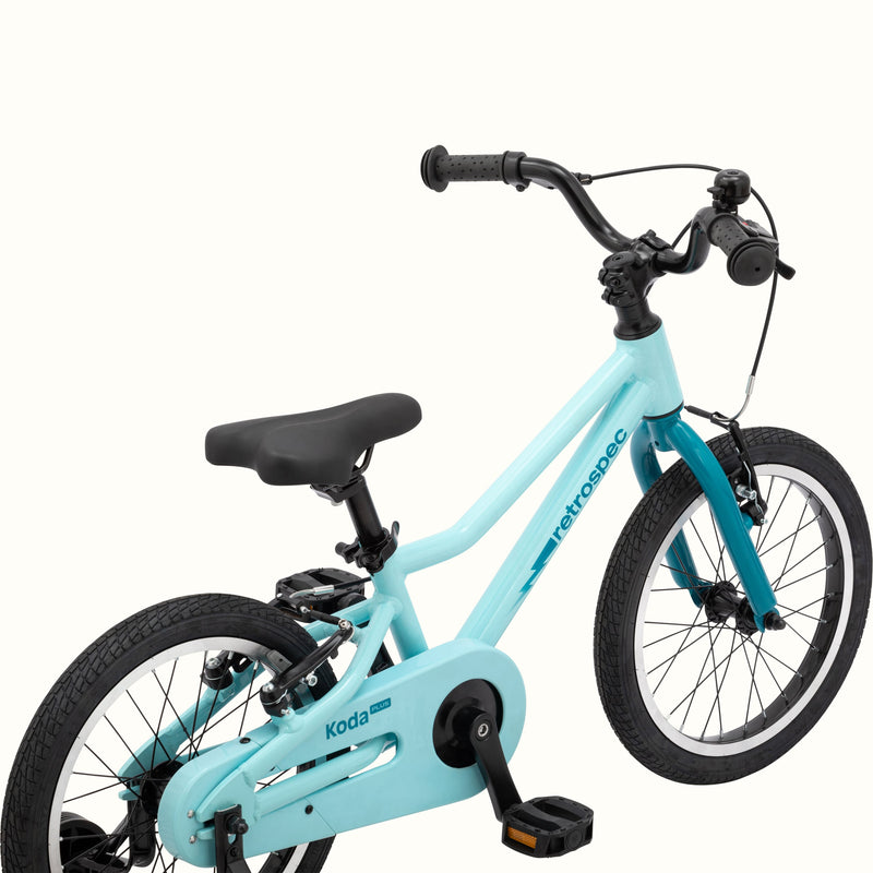 A Robin's Egg Blue kids' Koda Plus 16" bicycle with training wheels, isolated on a white background.