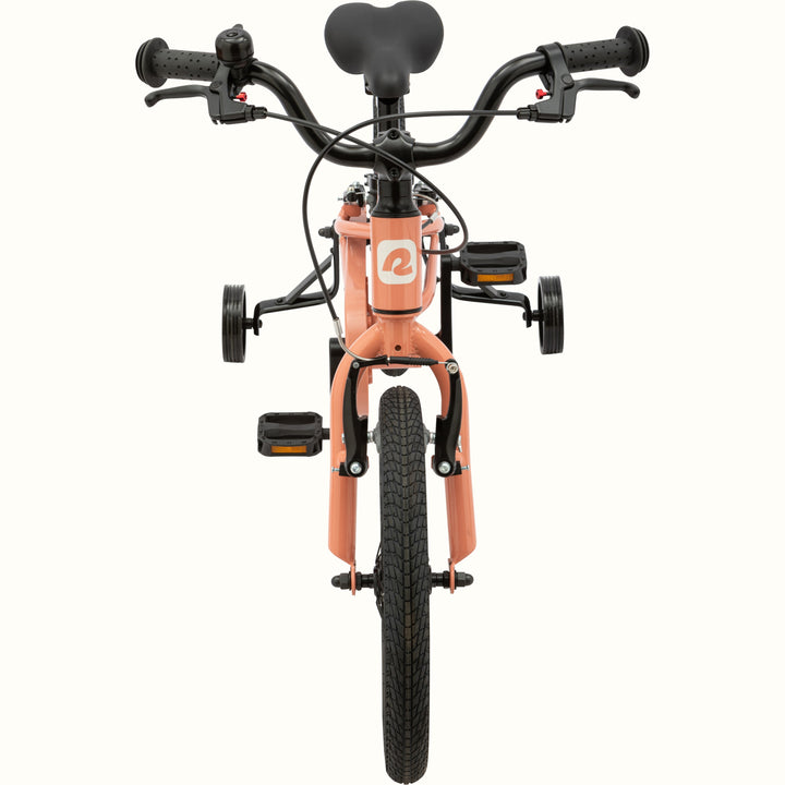 Front view of a Rose Pink Kids' Koda Plus 16 Inch Bike with training wheels,  handlebars, and suspension fork.