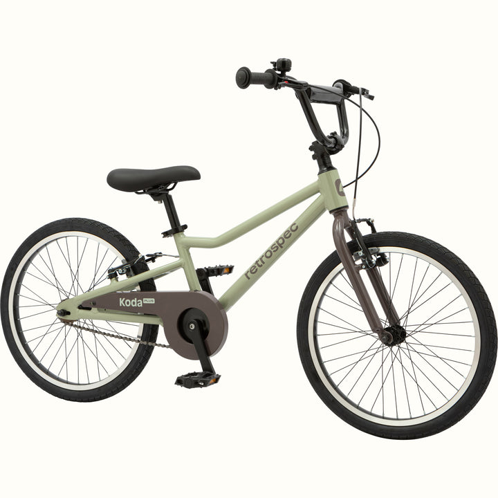 Iguana green kids' Koda Plus 20" Bike with brown chain guard and black saddle on a white background.