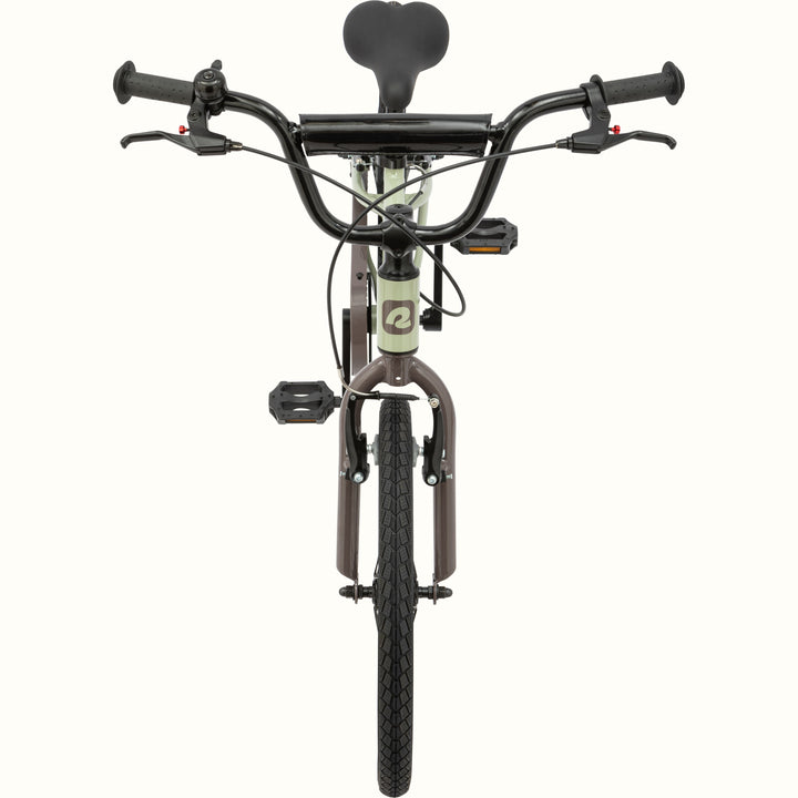 Front view of the green and brown Koda Plus 20" Kids Bike with black handlebars and a black seat.