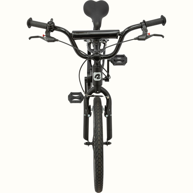 Front view of the matte black Koda Plus 20" Kids Bike with black handlebars and a black seat.