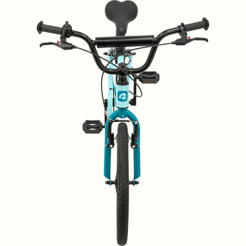 Front view of the the bright blue Koda Plus 20" Kids Bike with black handlebars, a black seat and a dark blue fork.
