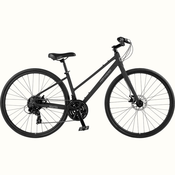 retrospec Martis hybrid bike in Matte Black with a step through frame, disc brakes, and a multi-speed drivetrain.