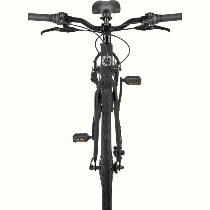 Front view of the retrospec Martis step through hybrid bike in Matte Black with flat handlebars and platform pedals.