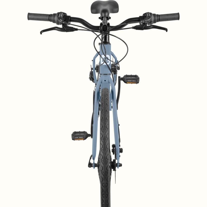 Front view of the retrospec Martis step through bike in Matte Fog showing flat handlebars and twist grip shifters.