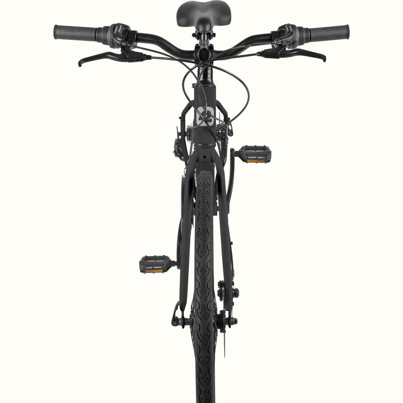 Front view of the retrospec Martis city bike in Matte Black showing flat handlebar, Shimano twist shifters, and brake levers.