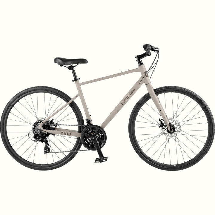 retrospec Martis city bike in Matte Boulder, side view with black tires, disc brakes, and flat handlebar.