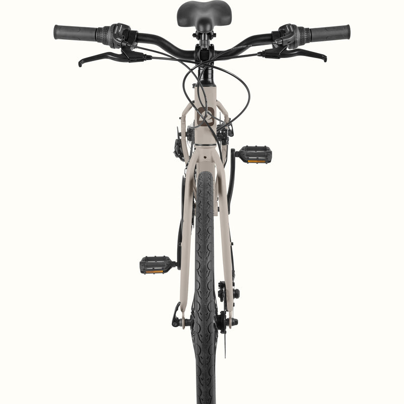 Front view of the retrospec Martis commuter bike in Matte Boulder with Shimano twist shifters, brake levers, and flat pedals.