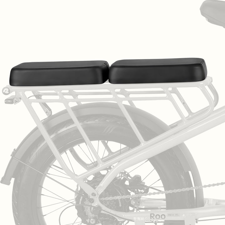 Roo Rev XL Cargo Electric Bike rear rack passenger seat cushion, black two-piece bench pad shown at an angle.