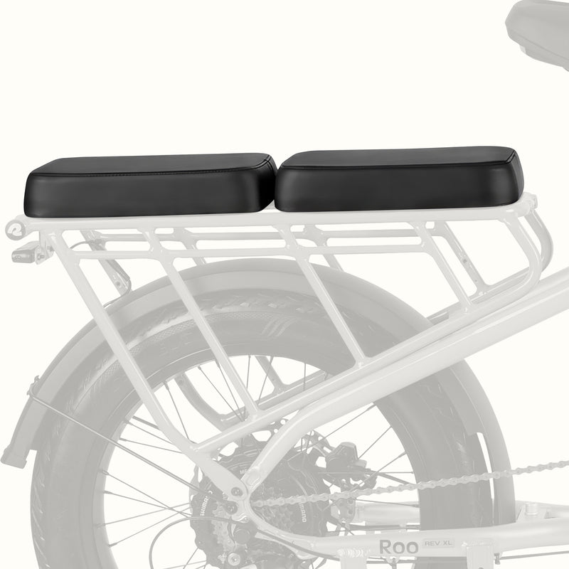 Roo Rev XL Cargo Electric Bike rear rack passenger seat cushion, black two-piece bench pad shown at an angle.