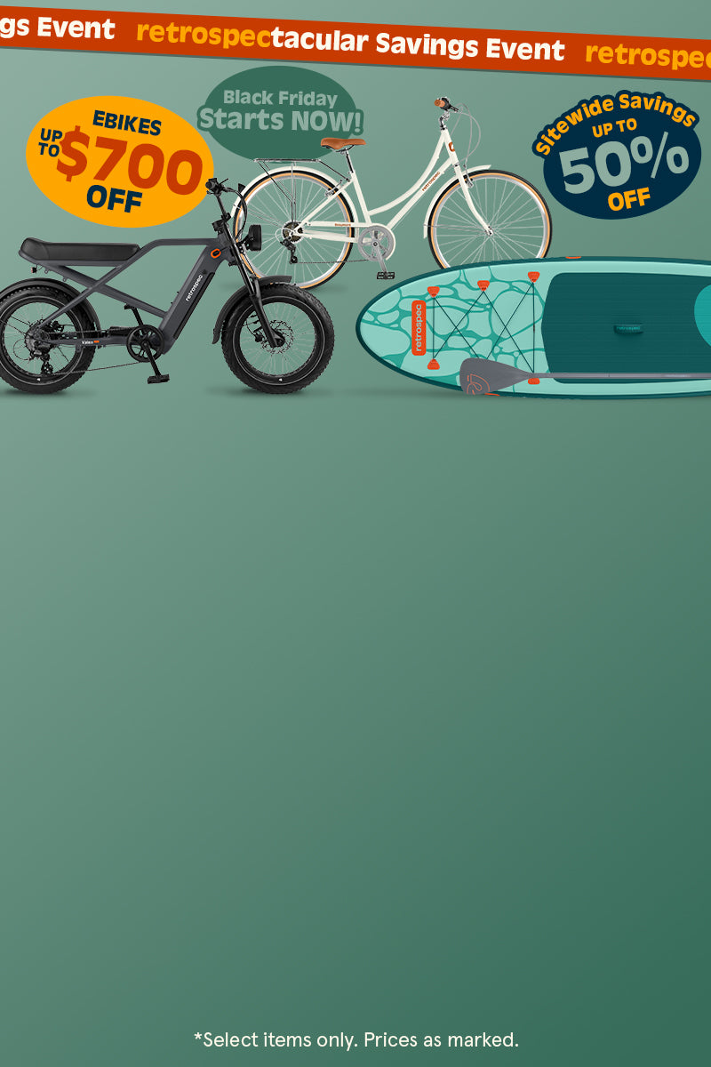 retrospec Black Friday sale, up to $700 off EBikes and up to 50% off sitewide, with Valen Electric Bike, Paddle Board, and Beaumont step through bike.