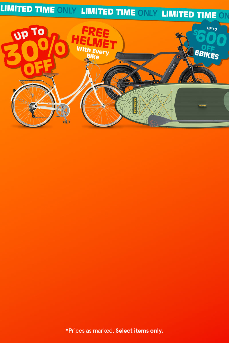 retrospec Beaumont step-through bike, green inflatable Paddle Board, and black Electric Bike on an orange 30% off promo banner.

