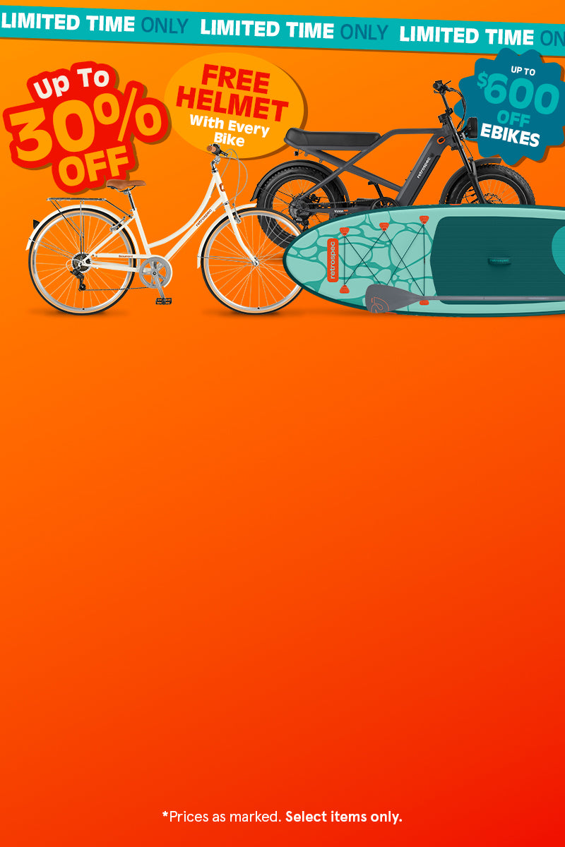 retrospec Beaumont step-through bike, green inflatable Paddle Board, and black Electric Bike on an orange 30% off promo banner.

