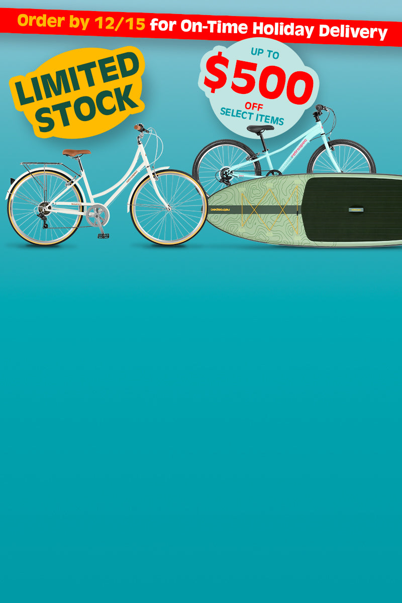 Promotional image featuring a paddleboard and two bicycles, highlighting limited stock and a holiday order deadline. Discounts up to $500 available.