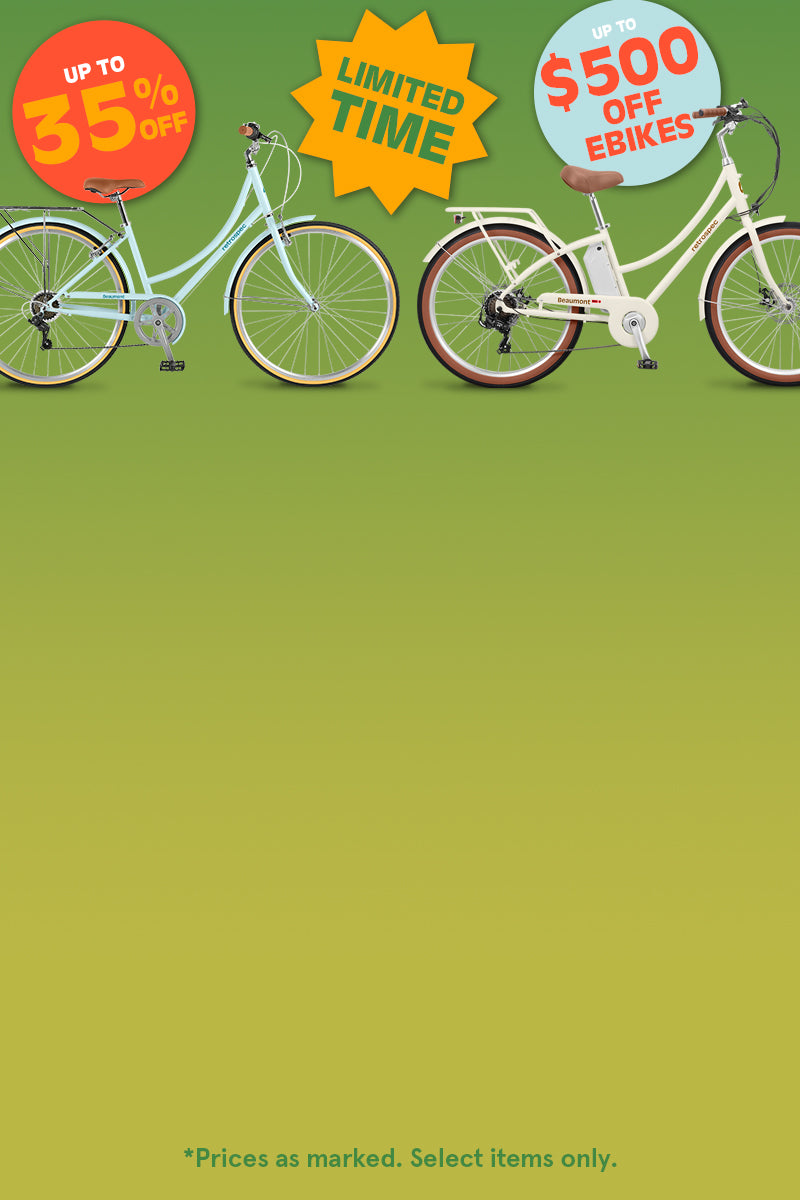 Promotional image featuring two bicycles with text: "Up to 35% off" and "Up to $500 off ebikes," set against a green gradient background.