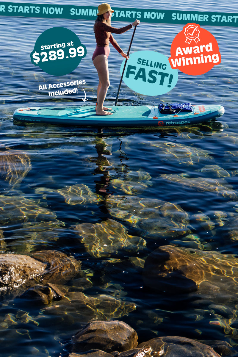 Person paddleboarding on calm water, with promotional text about a $289.99 paddleboard including accessories.