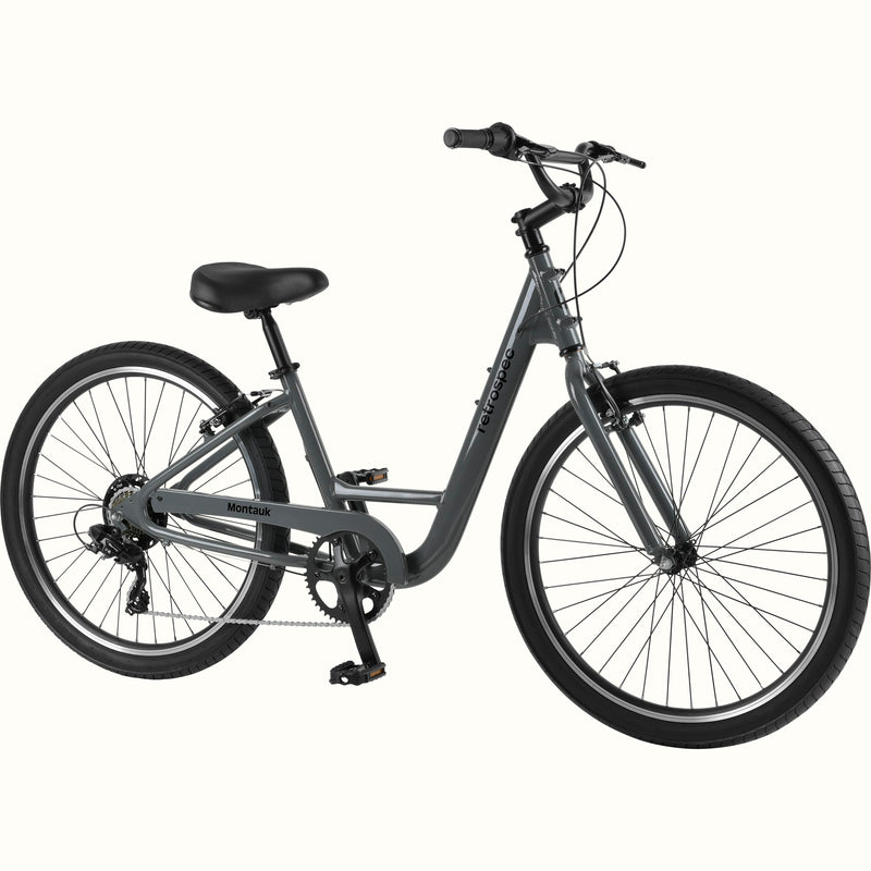 retrospec Montauk 26-inch 7-speed step-through cruiser bike in graphite gray with black tires, saddle, and upright handlebars, shown on a clean white background.