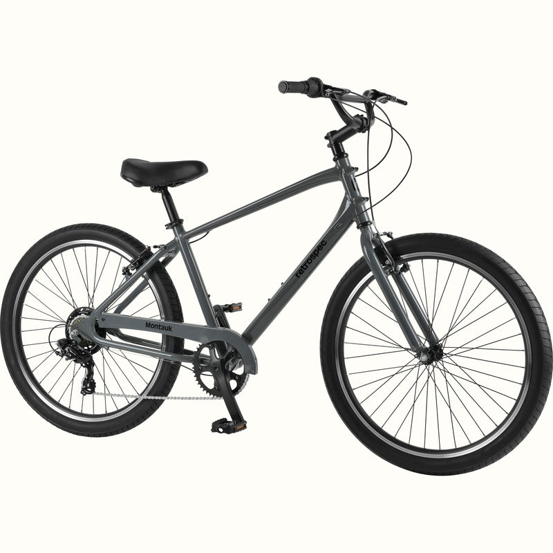 retrospec Montauk 26-inch 7-speed cruiser bike in graphite gray with black tires, saddle, and upright handlebars, shown on a clean white background.