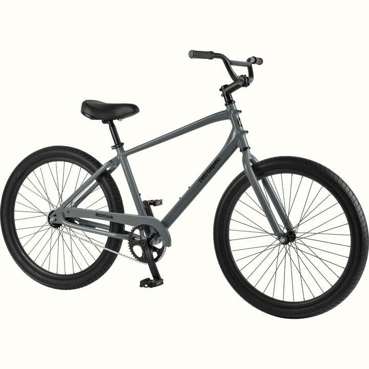 retrospec Montauk 26-inch cruiser bike in graphite with black tires, saddle, and upright handlebars, shown on a clean white background.