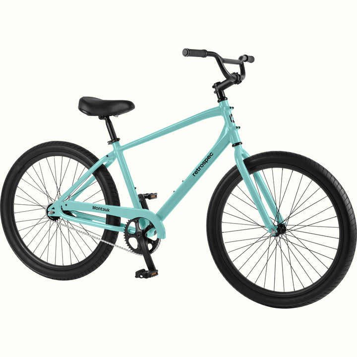 retrospec Montauk 26-inch cruiser bike in seafoam with black tires, saddle, and upright handlebars, shown on a clean white background.