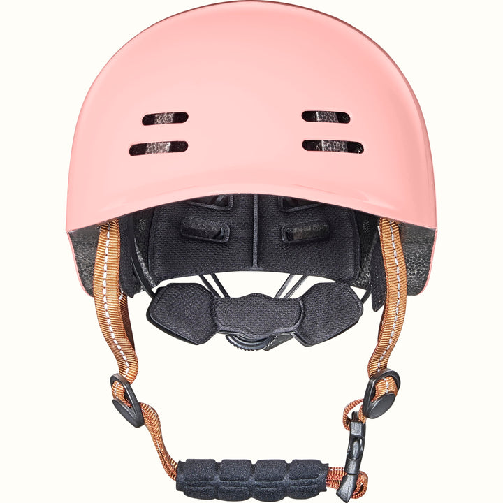 Pink toddler bike helmet with a brown strap on a white background.