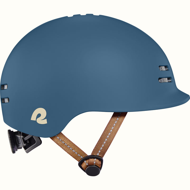 Blue toddler bike helmet with a brown strap on a white background.