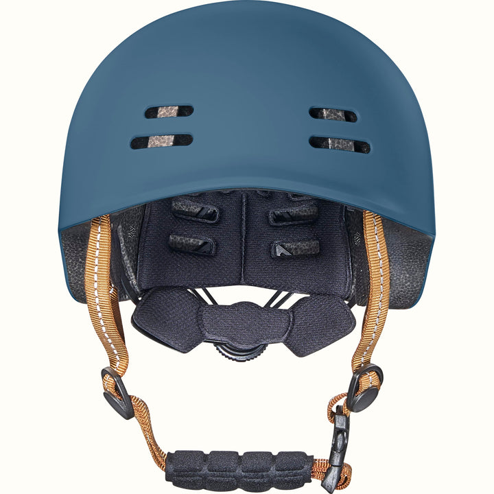 Blue toddler bike helmet with a brown strap on a white background.