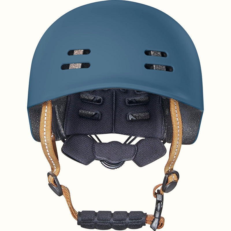 Blue toddler bike helmet with a brown strap on a white background.