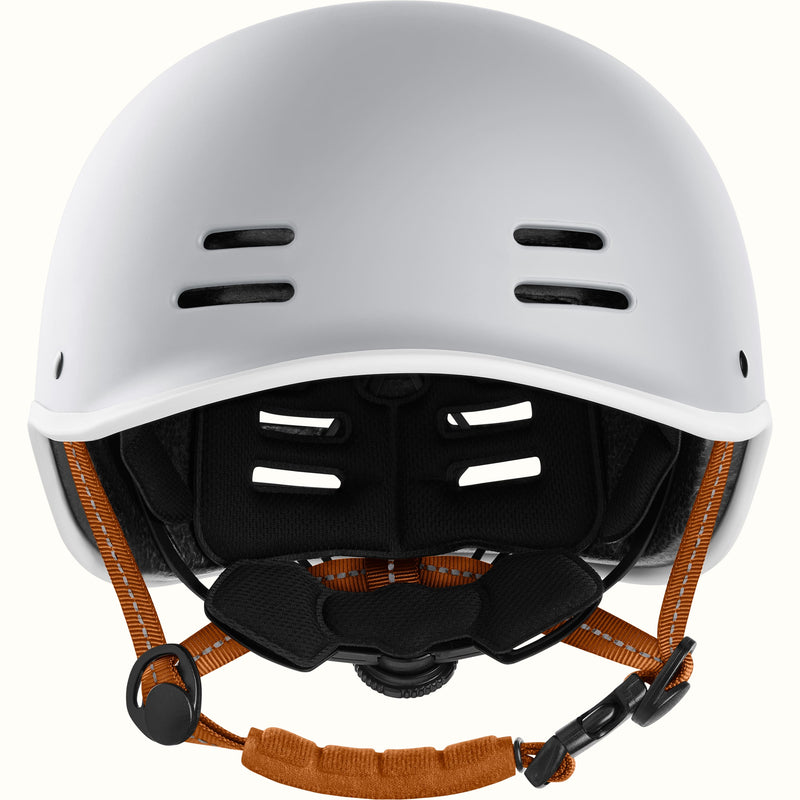 Gray bike helmet with adjustable brown straps, featuring ventilation holes and a stylish logo on the side.