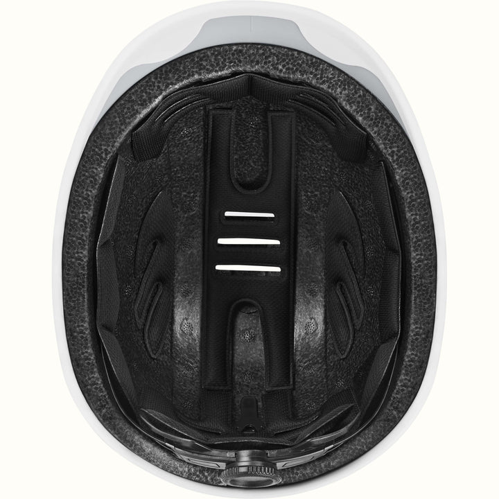 Interior of an adult bike helmet with black padding for safet.