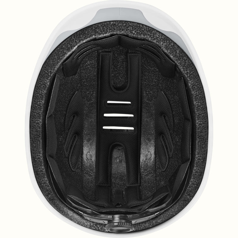 Interior of an adult bike helmet with black padding for safet.