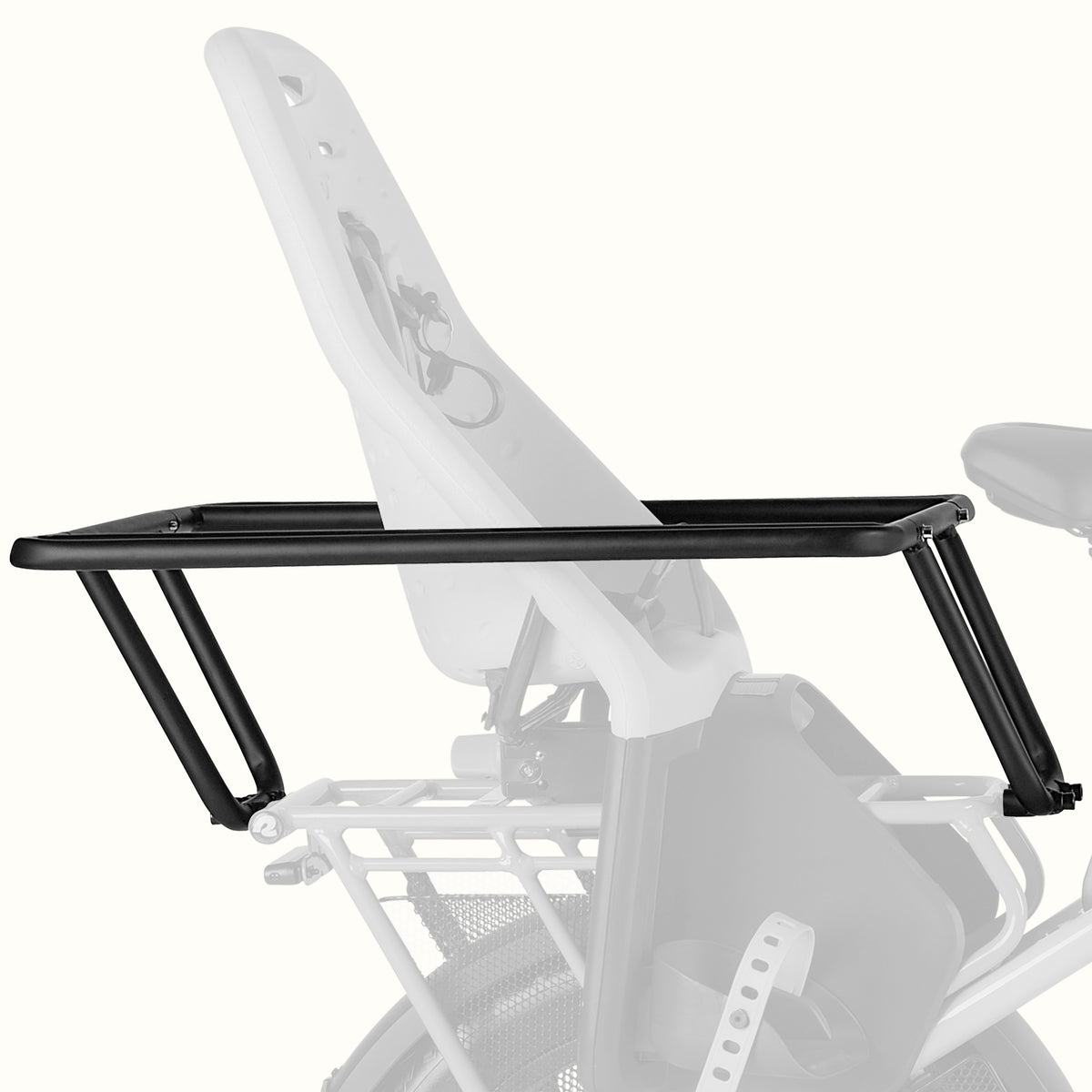 retrospec Roo Rev passenger handrail in black installed on the rear rack surrounding a child seat on a white background.
