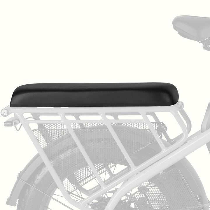retrospec Roo Rev Passenger Seat Pad in black installed on the rear rack of the Roo Rev Electric Cargo Bike.

