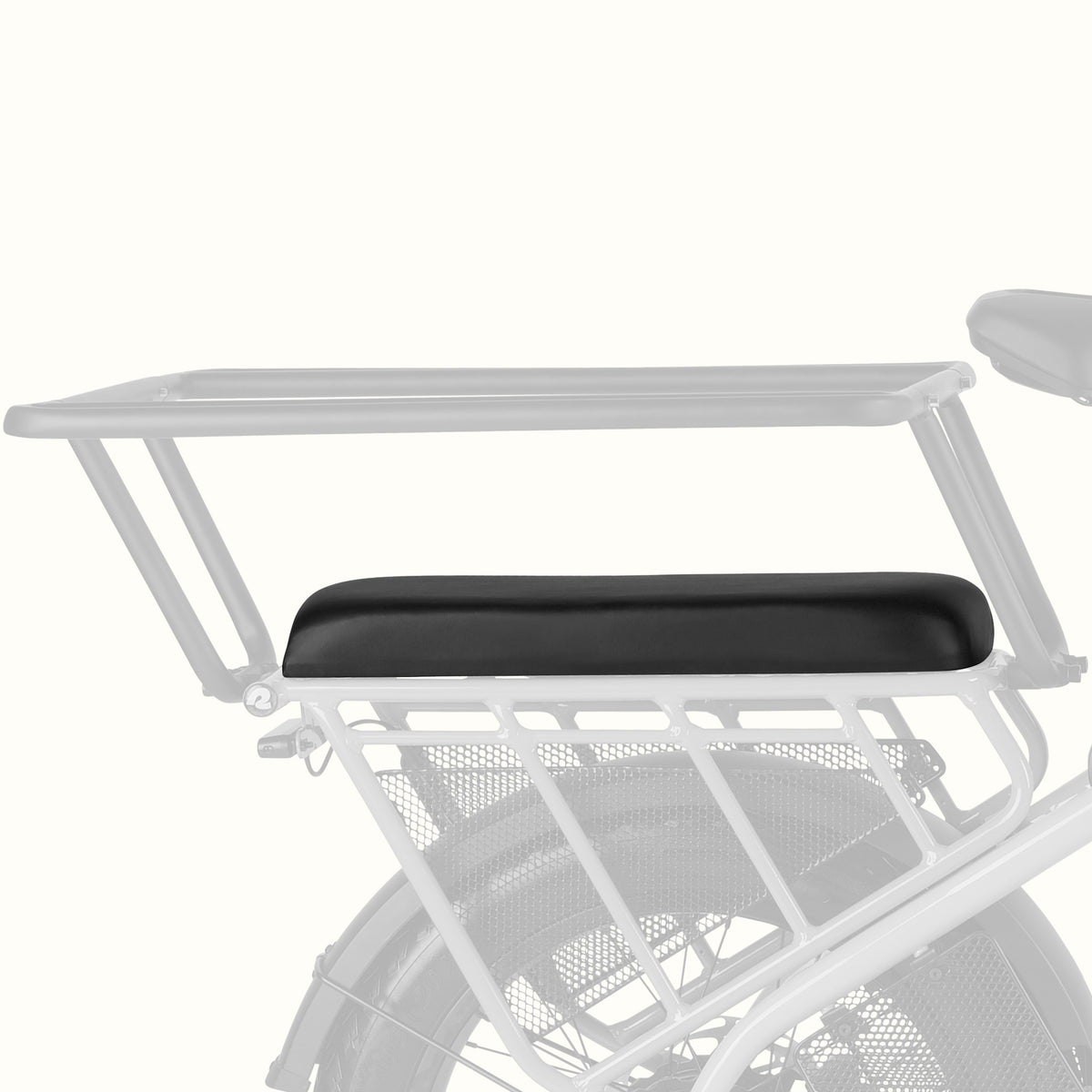 retrospec Roo Rev Passenger Seat Pad in black installed on the rear rack of the Roo Rev Electric Cargo Bike along with the Passenger Handrail.