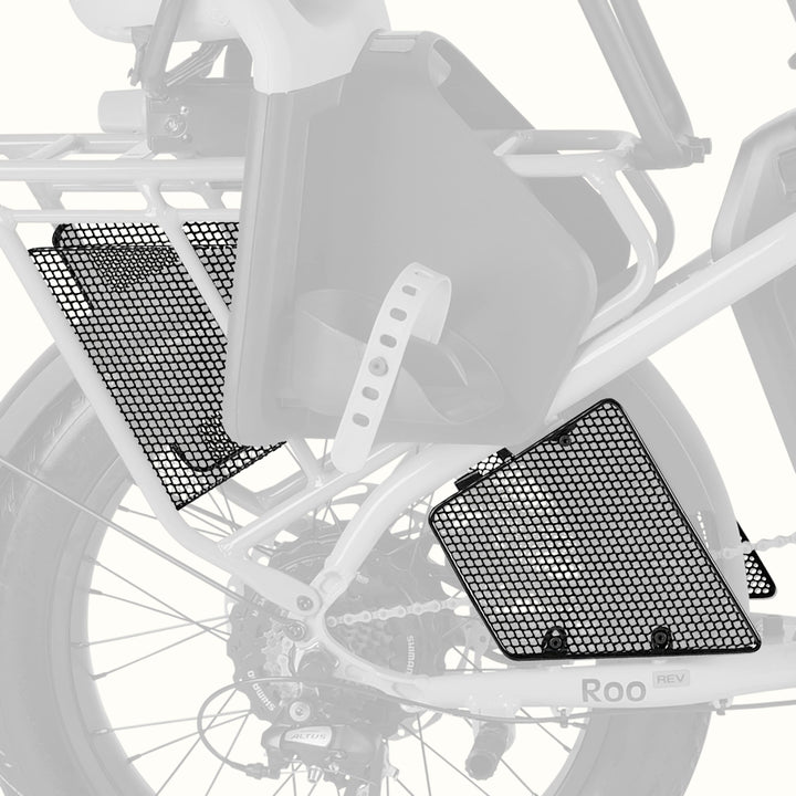 Retrospec Roo Rev wheel guard set installed on the rear section of an electric cargo bike alongside a child seat.

