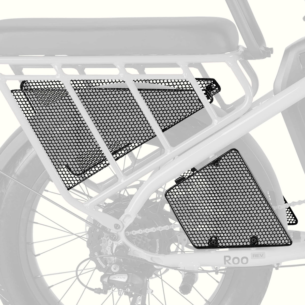 Retrospec Roo Rev wheel guard set installed on the rear rack of an electric cargo bike along with the passenger seat pad.
