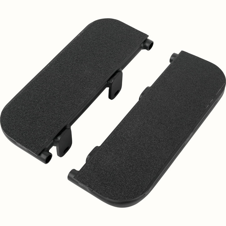 A pair of black textured footrests with mounting clips, shown on a plain white background.