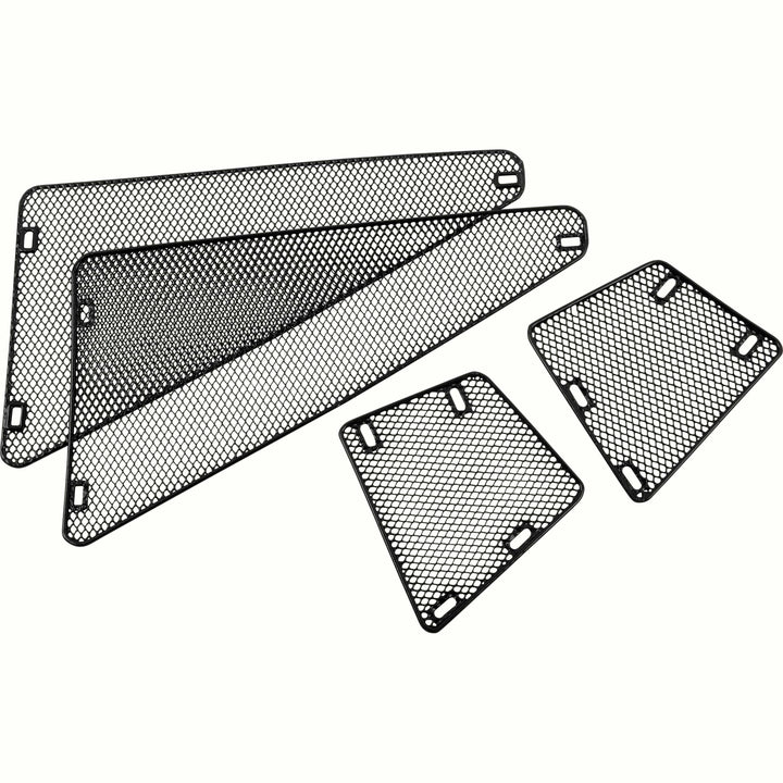 Four black metal mesh wheel guard plates with pre-drilled mounting holes, shown on a plain white background.